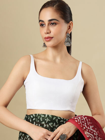 White Pure Linen Sleeveless Readymade Saree Blouse