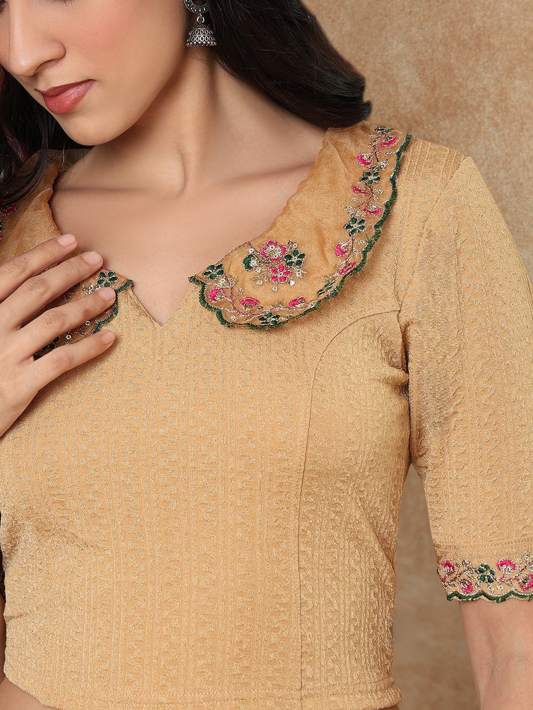 Gold Embroidered Non Padded Stretchable Saree Blouse