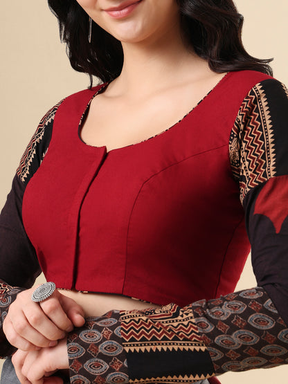Maroon Pure Cotton Ajrakh Hand Block Printed Full Sleeves Readymade Blouse