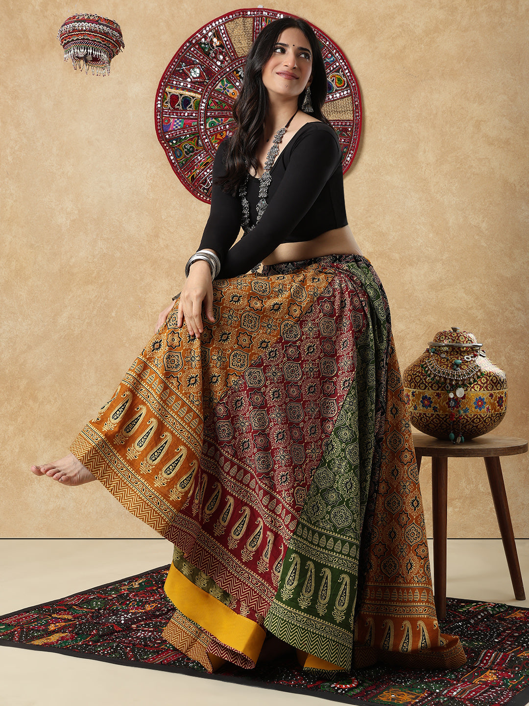 Multicolour Cotton Printed Garba Readymade Skirt For Navratri