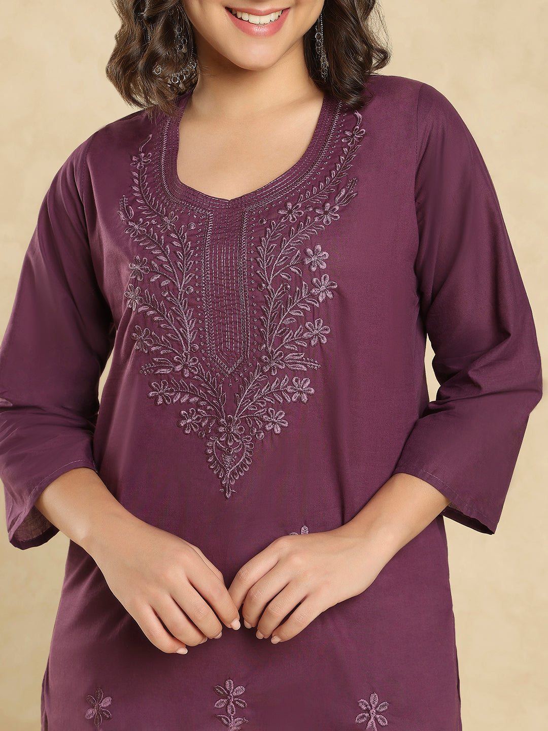 Purple Cotton Solid Embroidered Short Kurti