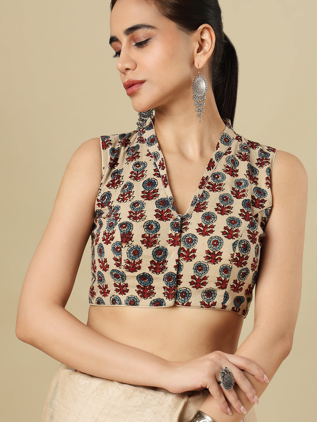 Beige Pure Cotton Ajrakh Block Printed Readymade Blouse