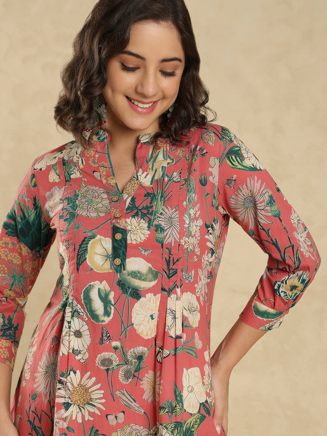 Red Cotton Floral Printed Short Kurti