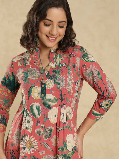 Red Cotton Floral Printed Short Kurti