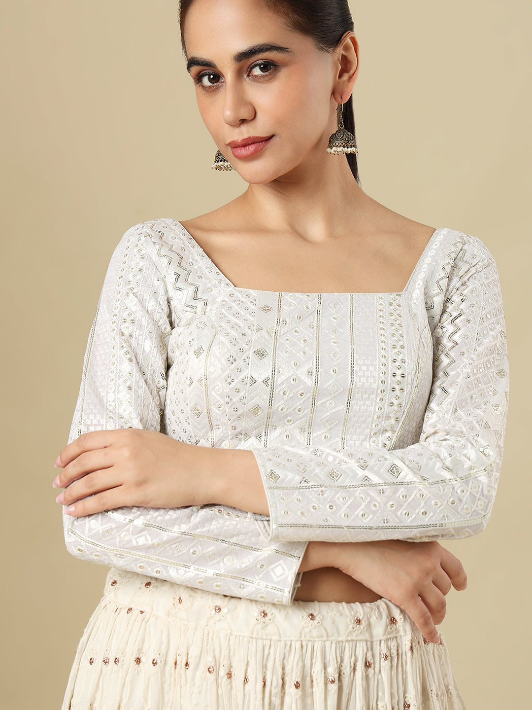 White Georgette Embroidered Padded Saree Blouse