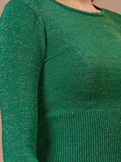 Green Woolen Round Neck Full Sleeves Stretchable Readymade Blouse