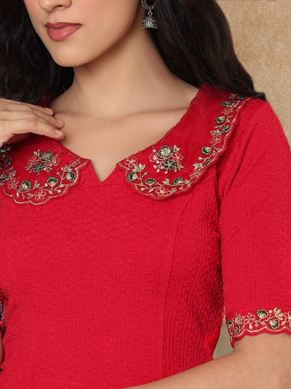 Red Embroidered Non Padded Stretchable Saree Blouse
