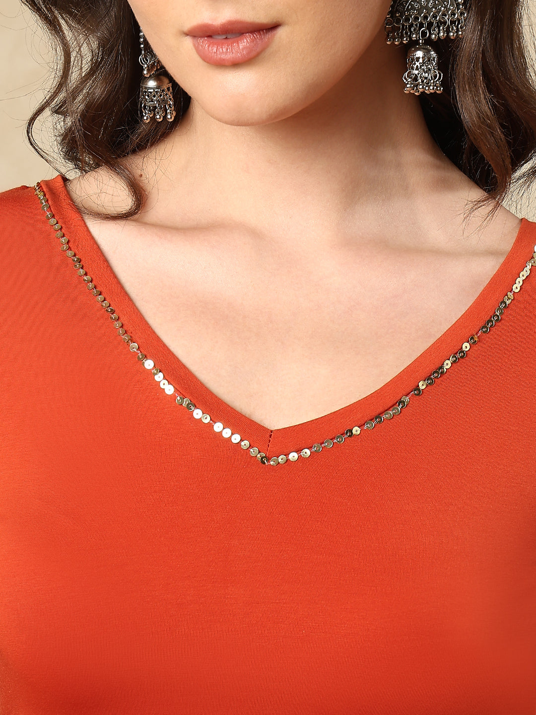 Rust Cotton Lycra V Neck Readymade Blouse