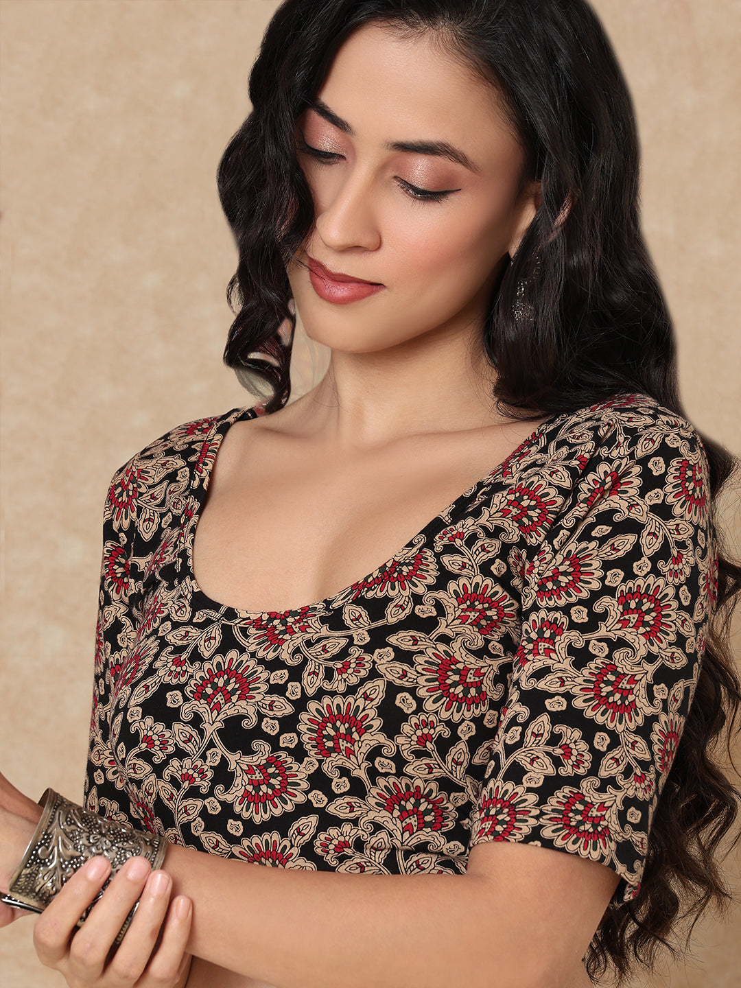 Black Cotton Kalamkari Round Neck Stretchable Readymade Blouse