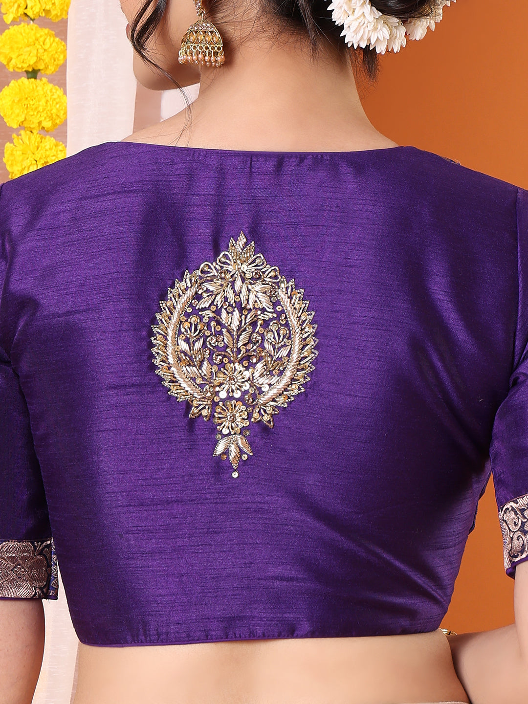 Purple Silk Embroidered Sweetheart Neck Padded Saree Blouse
