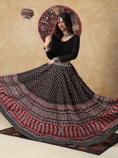 Ajrakh Mirror Work Garba Cotton Readymade Skirt For Navratri