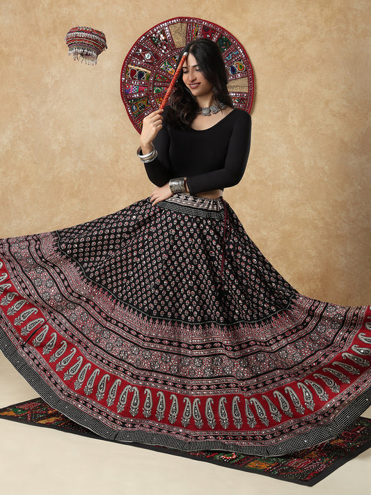 Ajrakh Mirror Work Garba Cotton Readymade Skirt For Navratri