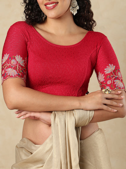 Pink Cotton Lycra Round Neck Readymade Blouse