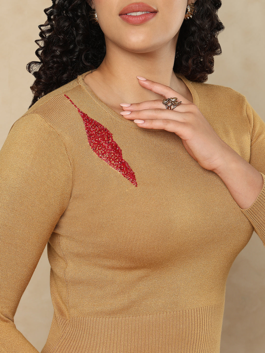 Beige Woolen Round Neck Readymade Blouse