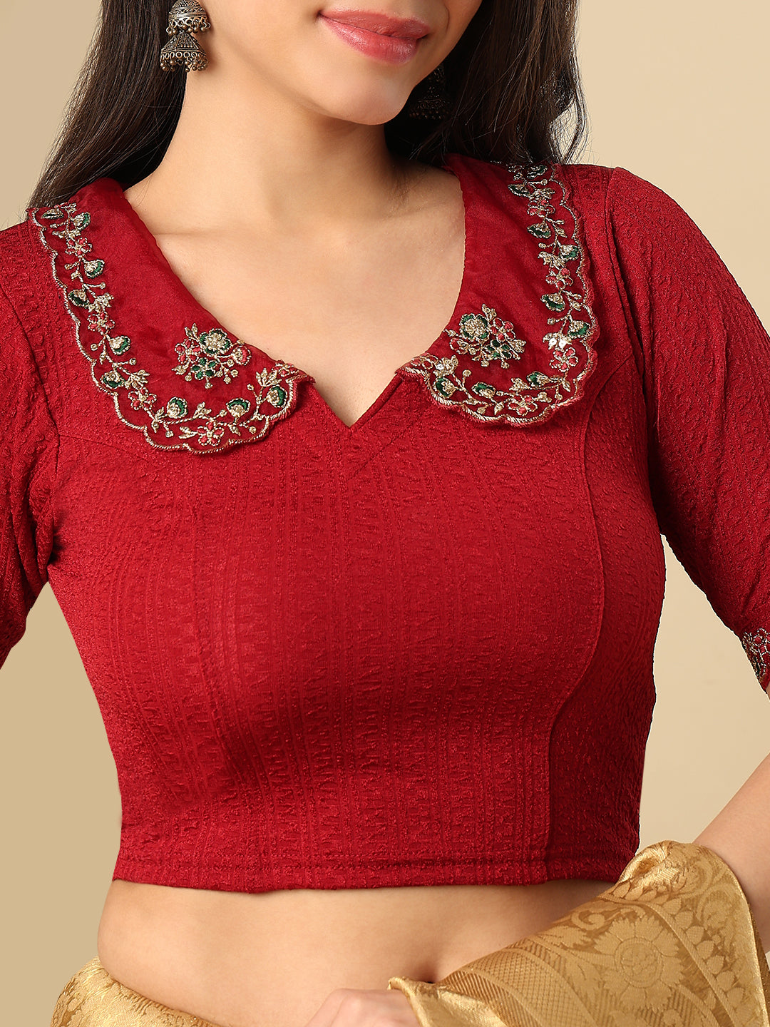 Maroon Embroidered Non Padded Stretchable Saree Blouse