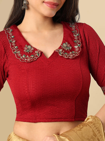 Maroon Embroidered Non Padded Stretchable Saree Blouse