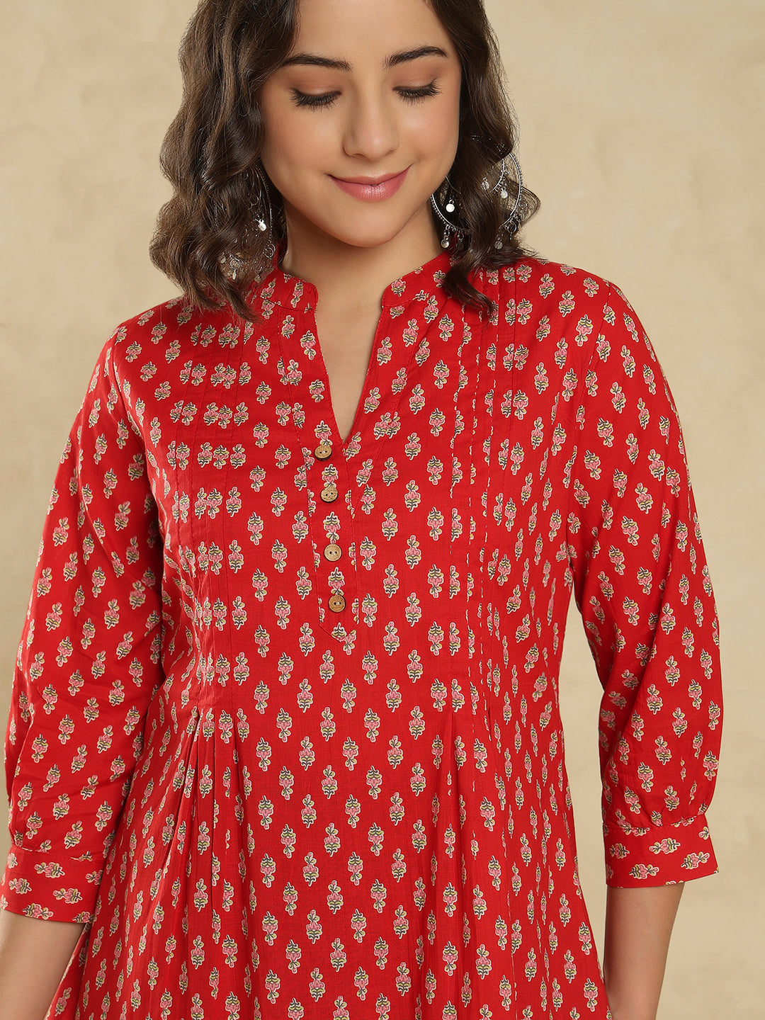 Red Cotton Ethnic Motifs Printed Short Kurti