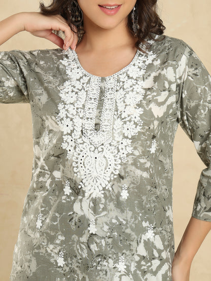 Grey Cotton Printed Embroidered Short Kurti