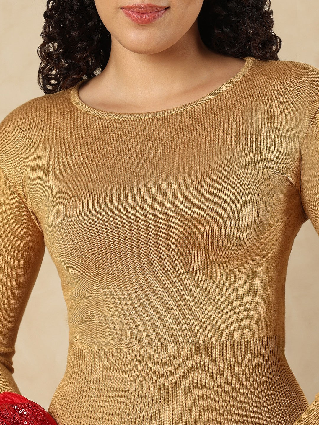 Beige Woolen Round Neck Readymade Blouse