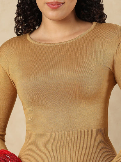 Beige Woolen Round Neck Readymade Blouse