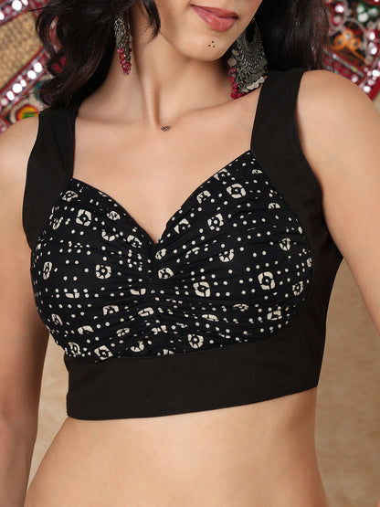 Black Cotton Printed Sweetheart Neck Readymade Blouse