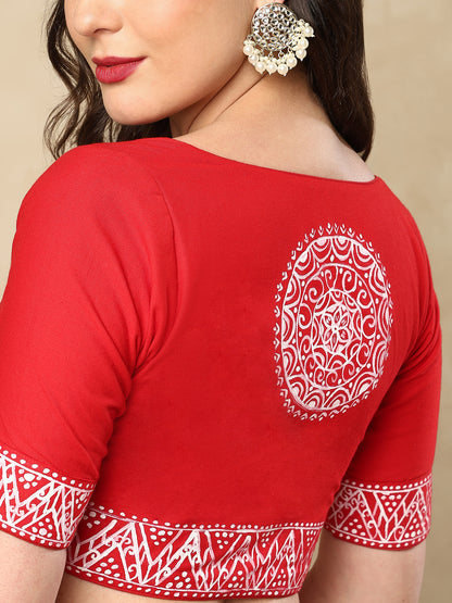 Red Cotton Sweetheart Neck Hand painted Readymade Blouse