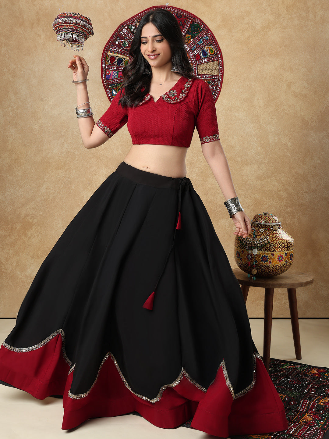 Black & Red Embellished Garba Cotton Readymade Skirt For Navratri