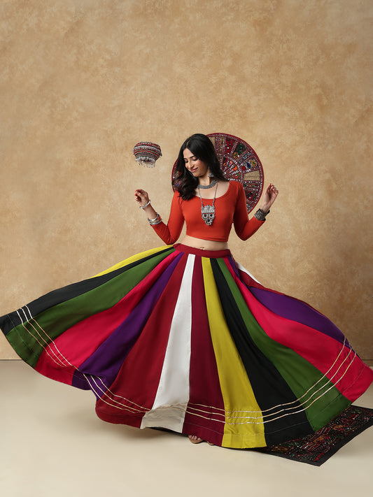 Multicolour Cotton Panel Garba Readymade Skirt For Navratri