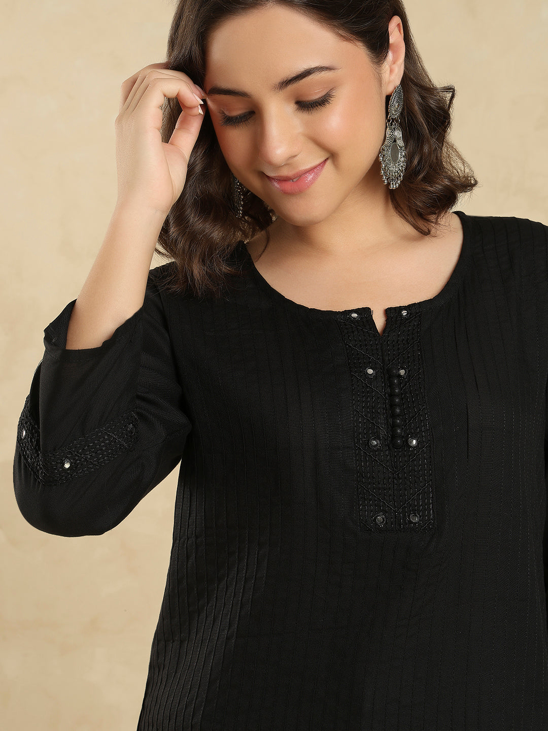 Black Cotton Solid Embroidered Short Kurti