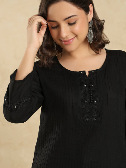 Black Cotton Solid Embroidered Short Kurti
