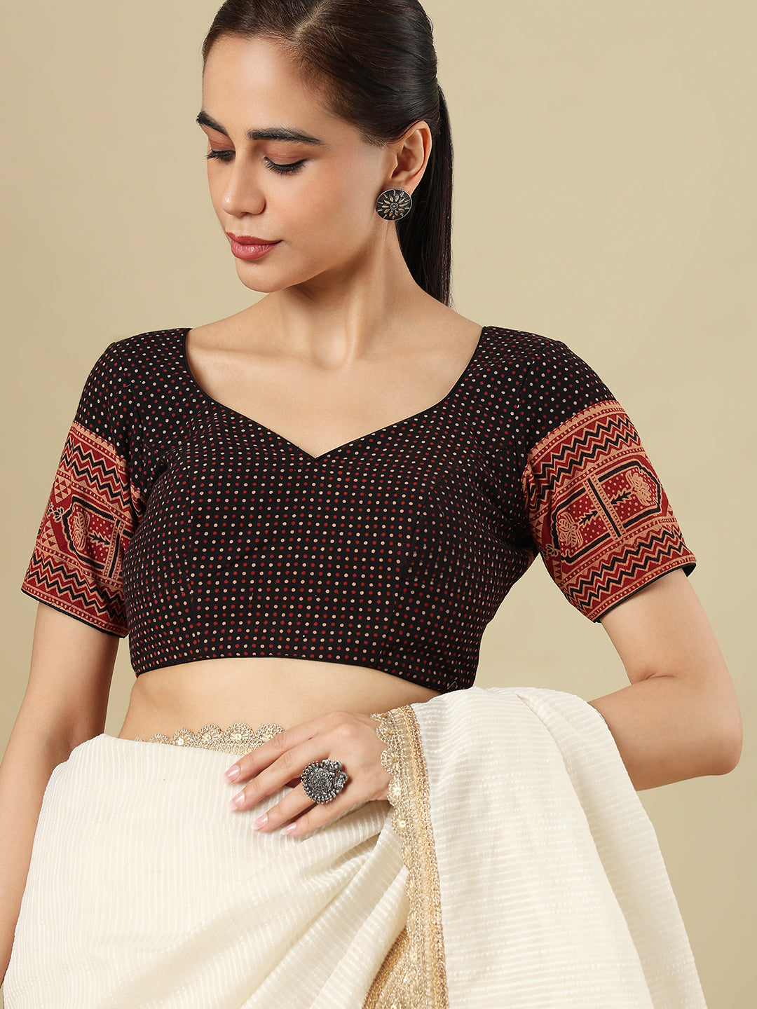 Black Ajrakh Printed Pure Cotton Saree Blouse