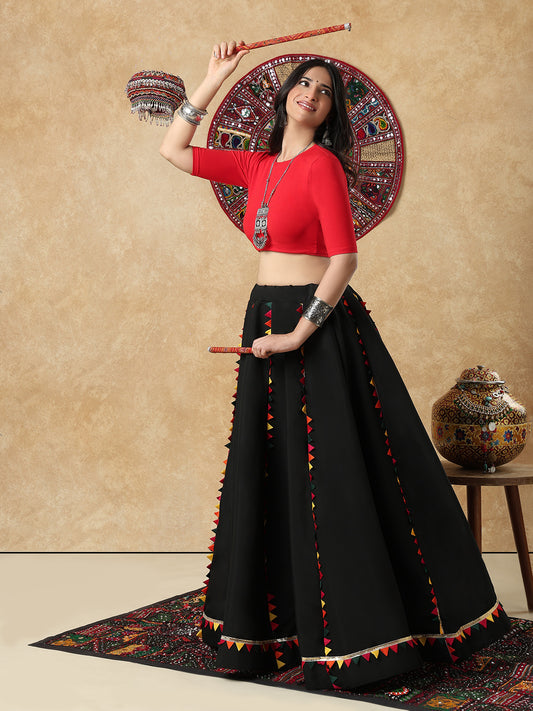 Black Cotton Garba Readymade Skirt For Navratri