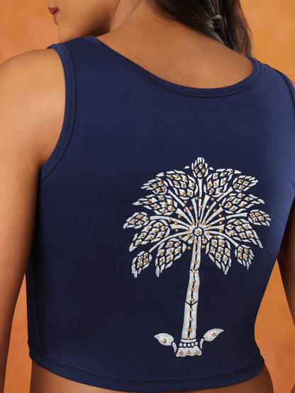 Blue Cotton Hand Block Stretchable Sleeveless Blouse