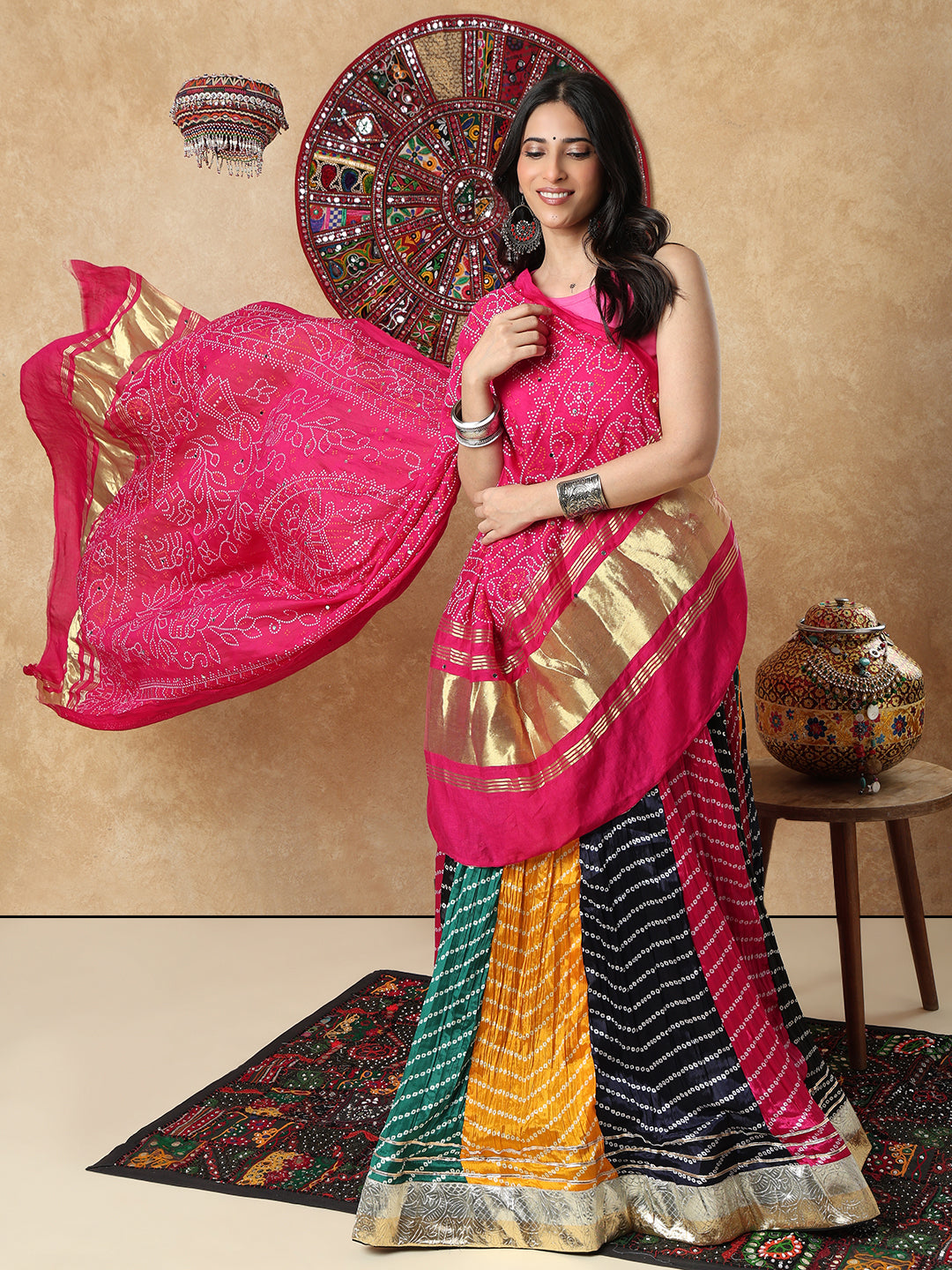 Pink Silk Bandhani Printed Festive Garba Dupatta For Navratri