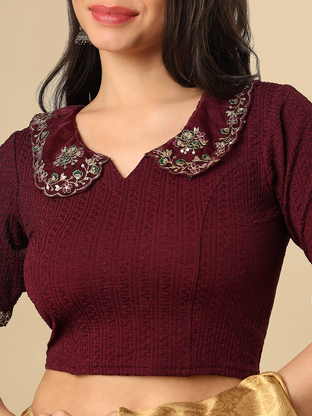 Wine Embroidered Non Padded Stretchable Saree Blouse