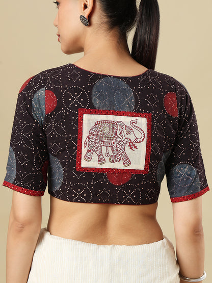 Ajrakh Block Printed Cotton Round Neck Non-Padded Saree Blouse
