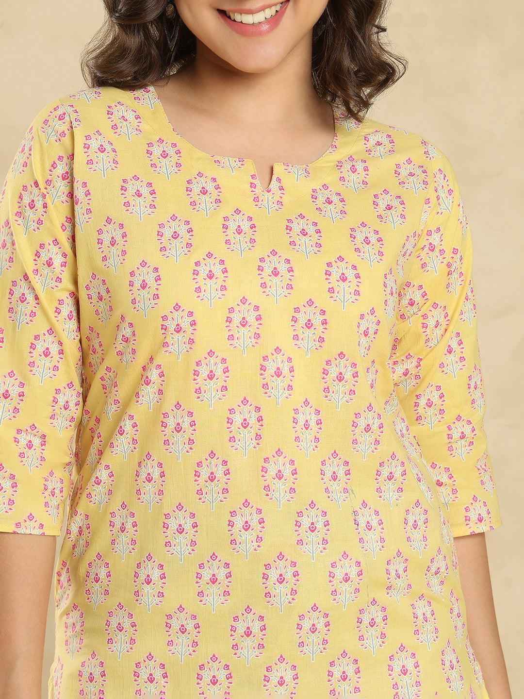 Yellow Cotton Printed Short Kurti