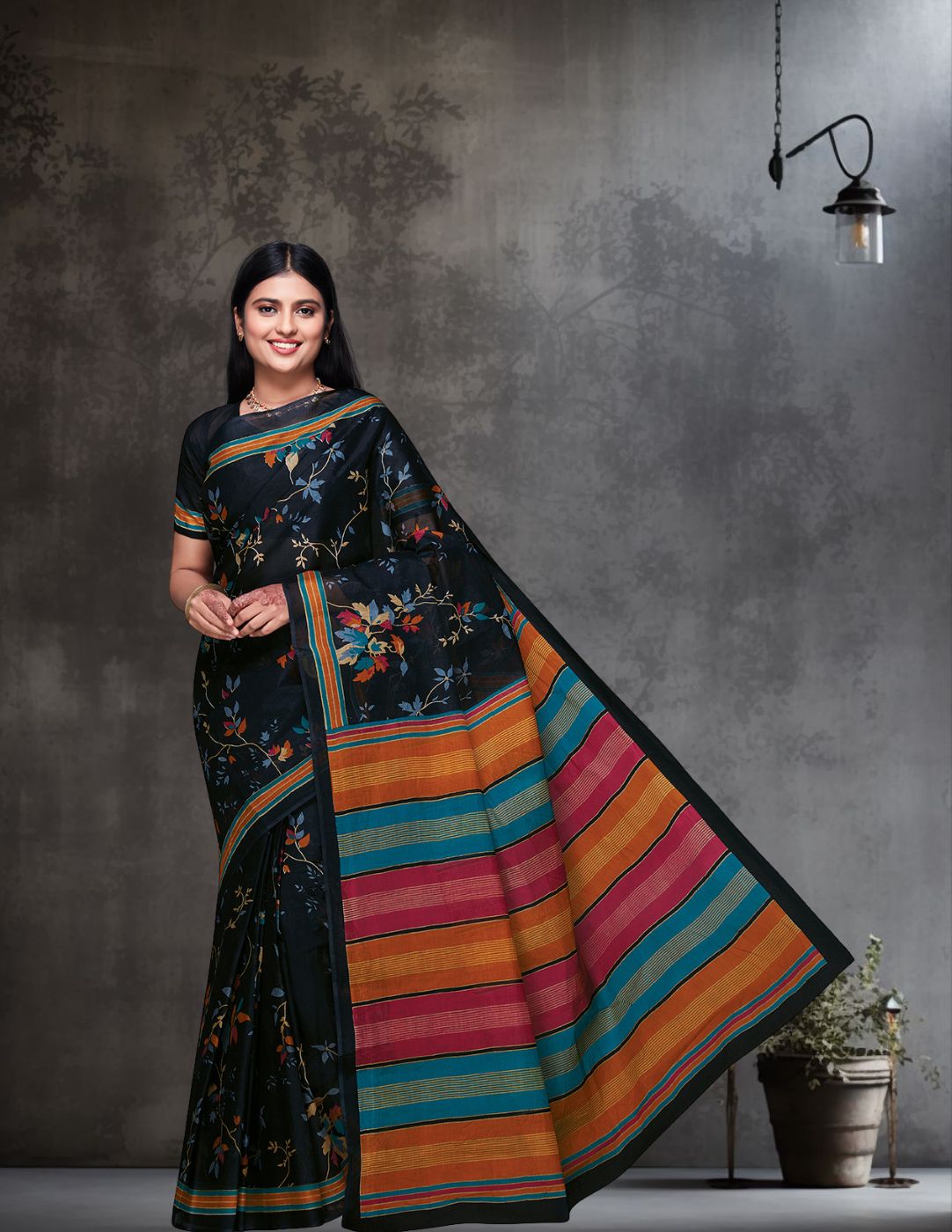 ADVIKA Black Floral Printed Pure Cotton Saree