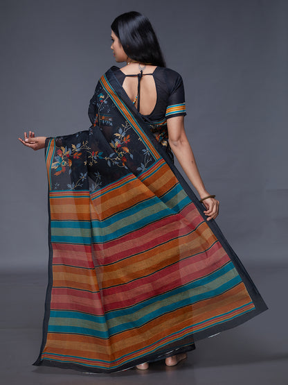 ADVIKA Black Floral Printed Pure Cotton Saree