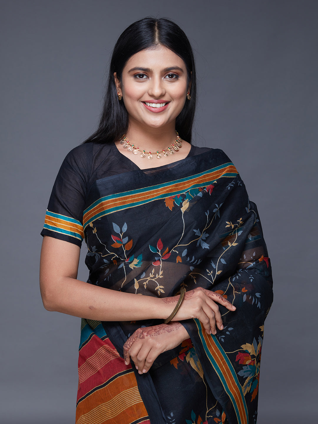 ADVIKA Black Floral Printed Pure Cotton Saree