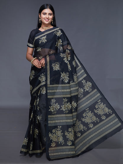 ADVIKA Black Floral Printed Pure Cotton Saree