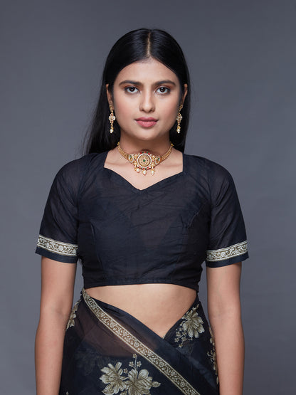 ADVIKA Black Floral Printed Pure Cotton Saree
