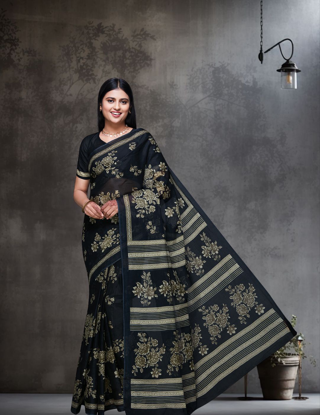 ADVIKA Black Floral Printed Pure Cotton Saree