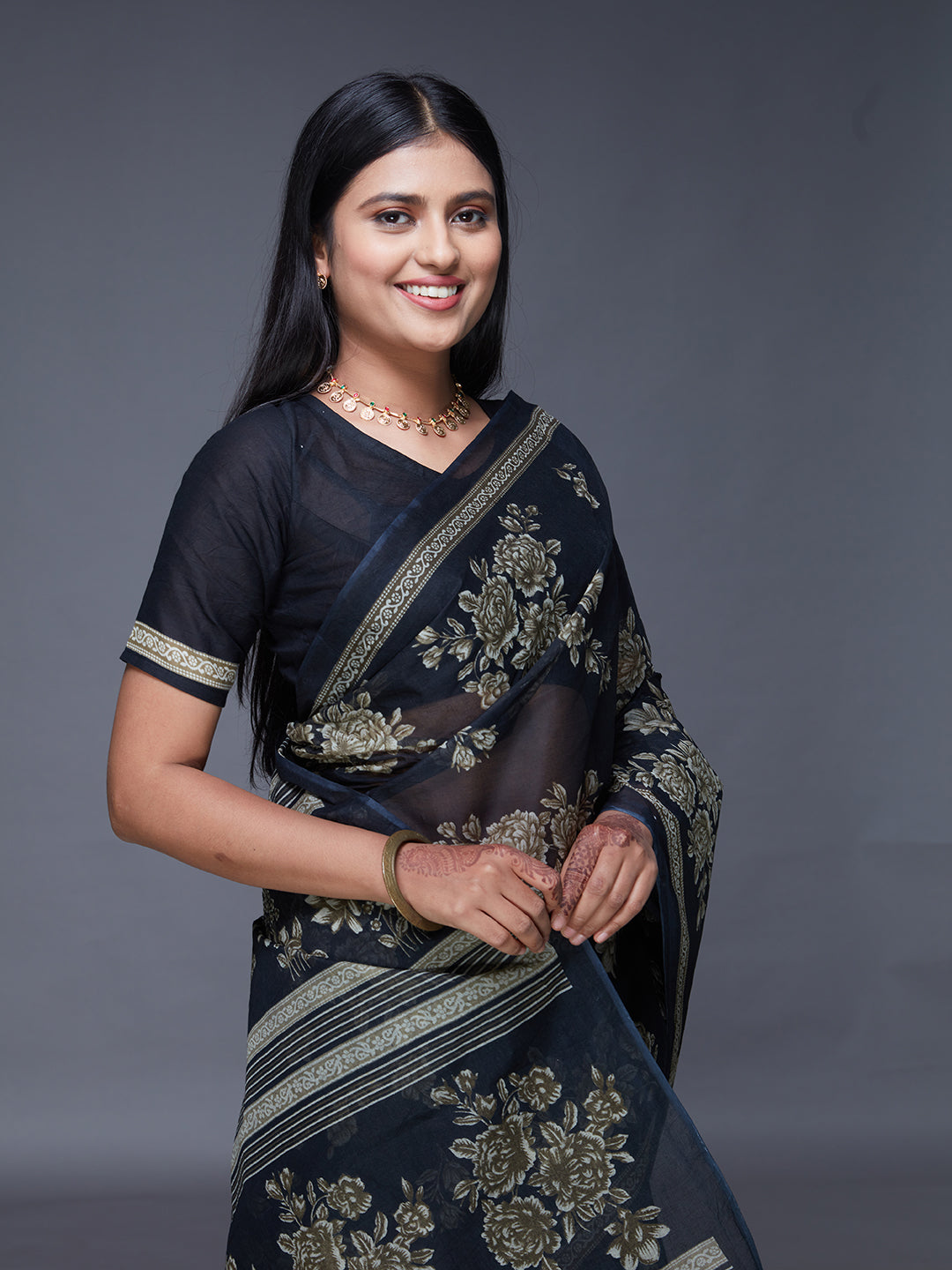 ADVIKA Black Floral Printed Pure Cotton Saree