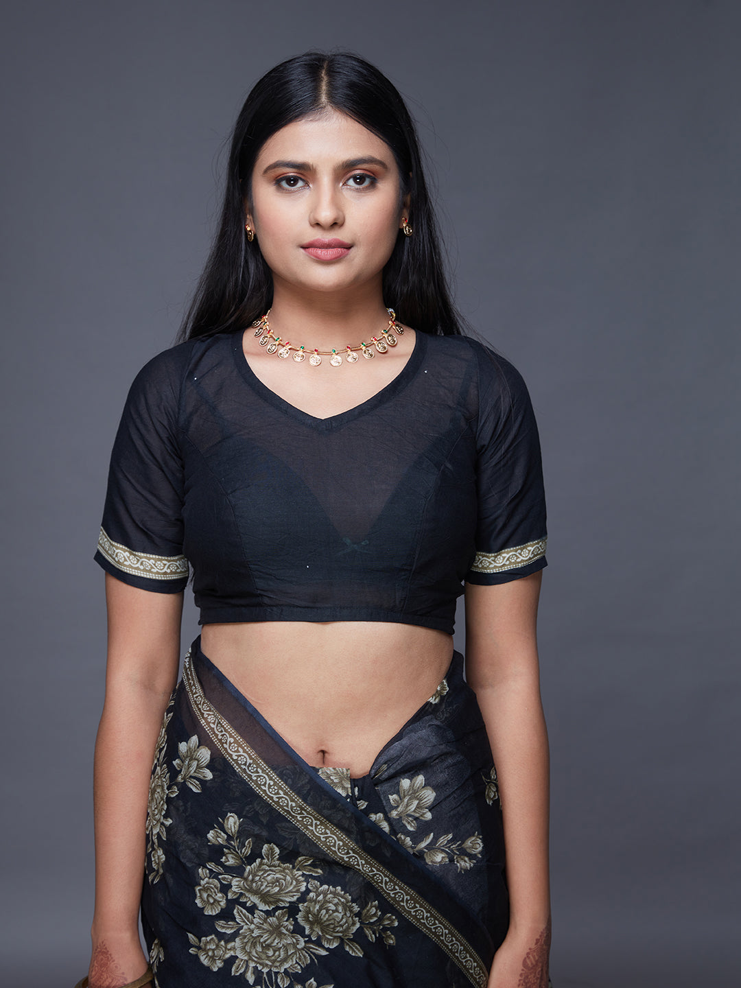 ADVIKA Black Floral Printed Pure Cotton Saree