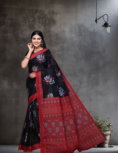 ADVIKA Black Floral Printed Pure Cotton Saree