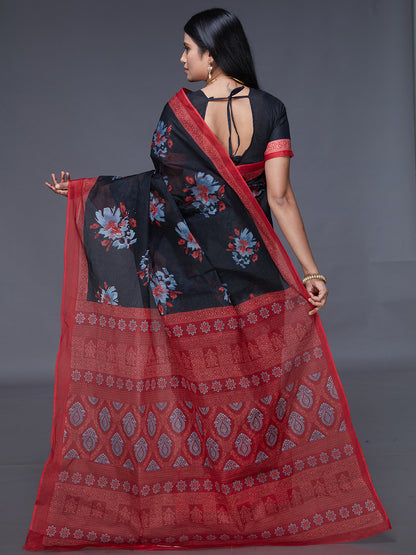 ADVIKA Black Floral Printed Pure Cotton Saree