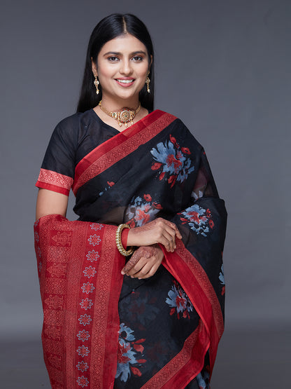 ADVIKA Black Floral Printed Pure Cotton Saree