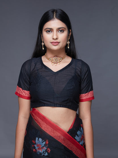 ADVIKA Black Floral Printed Pure Cotton Saree