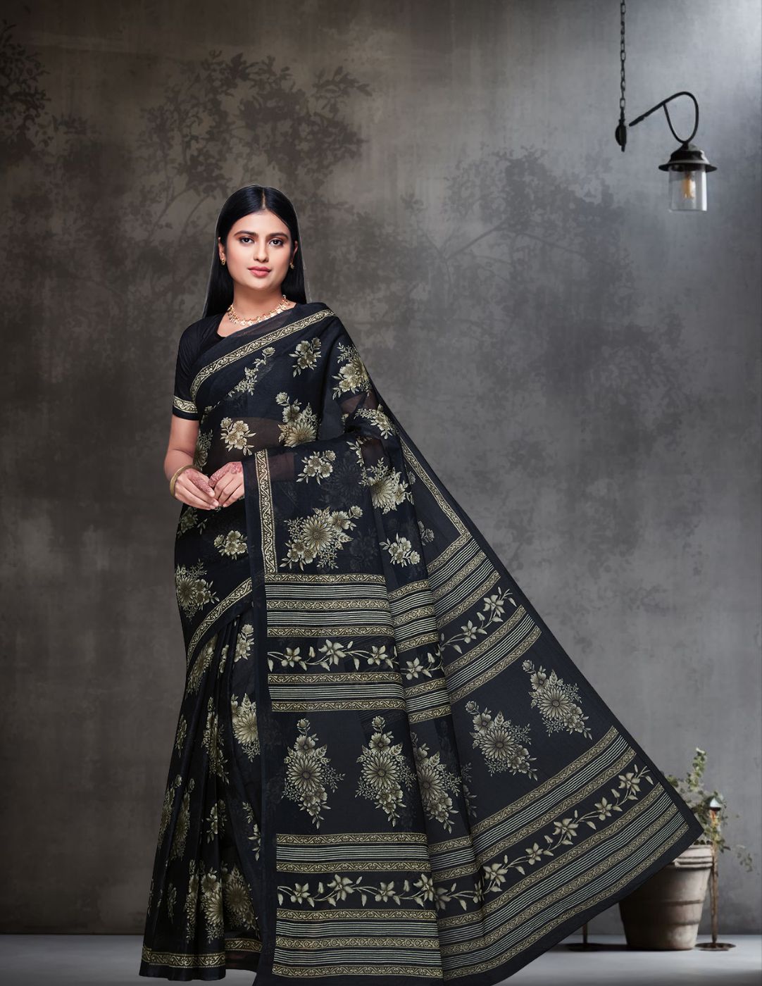ADVIKA Black Floral Printed Pure Cotton Saree